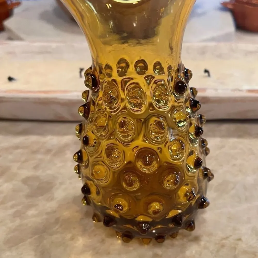 Gorgeous Vintage hobnail blown glass Empoli Vase amber glass 6” Italy